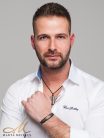 Exkluzív damaszkuszi acéllal és ébenfával díszített férfi bőr karkötő FK-TZ-N004