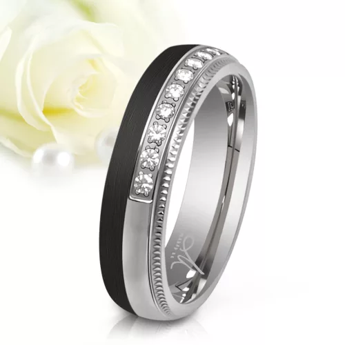 Alea Moissanite - fekete karbon-titán Női 9 köves karikagyűrű