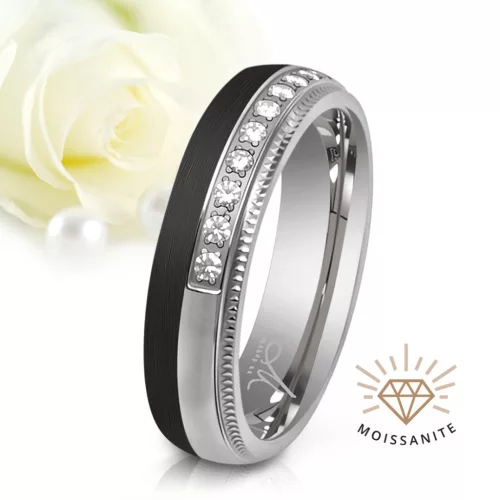 Alea Moissanite - fekete karbon-titán Női 9 köves karikagyűrű