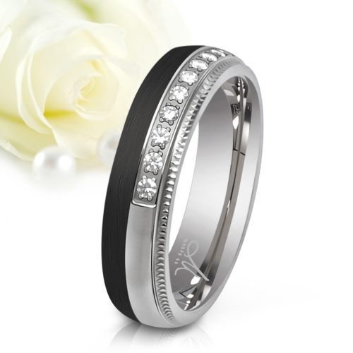 Alea Moissanite - fekete karbon-titán Női 9 köves karikagyűrű